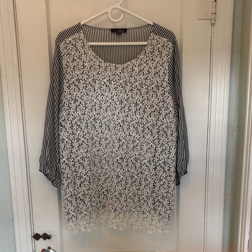 Suzanne Betro White Lace and Black Striped Blouse
